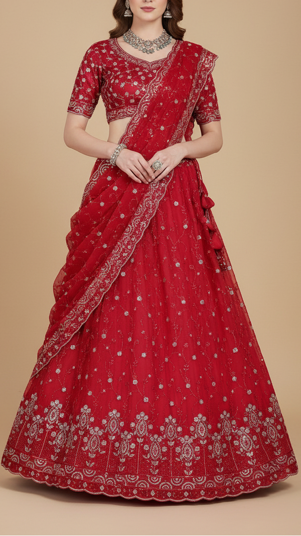 Red Organza Satin Fabric With All Over Sequins And Bead Work With One Side Scalloped Border 19342