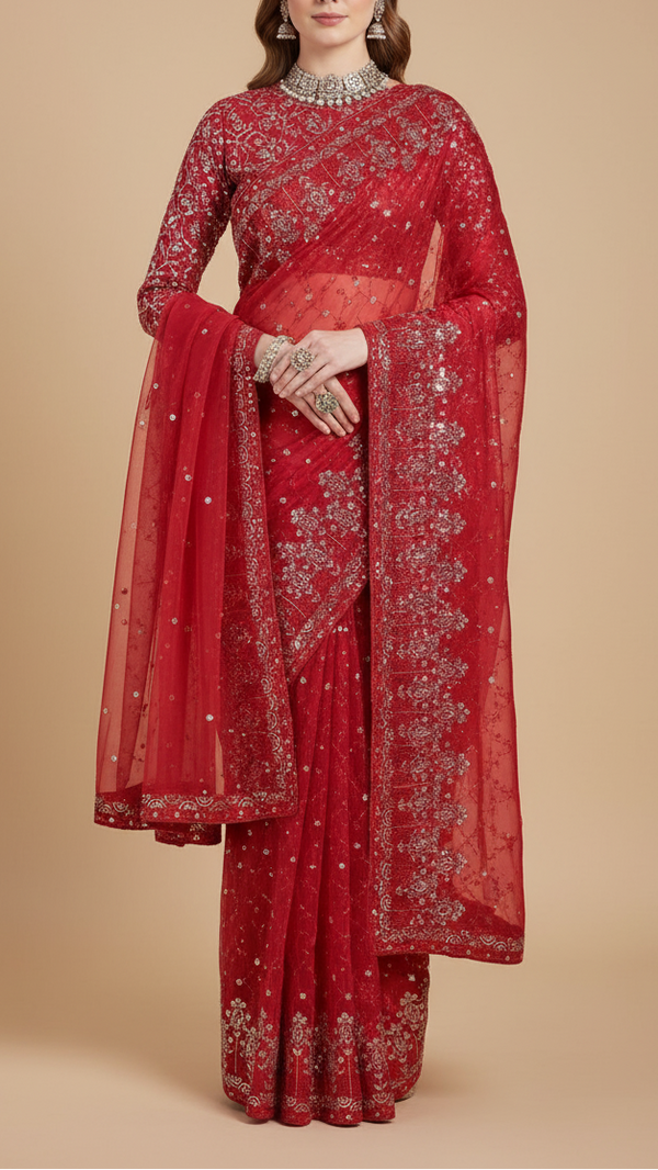 Red Organza Satin Fabric With All Over Sequins And Bead Work With One Side Scalloped Border 19342