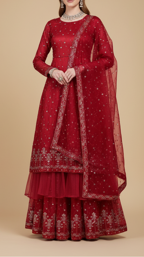 Red Organza Satin Fabric With All Over Sequins And Bead Work With One Side Scalloped Border 19342