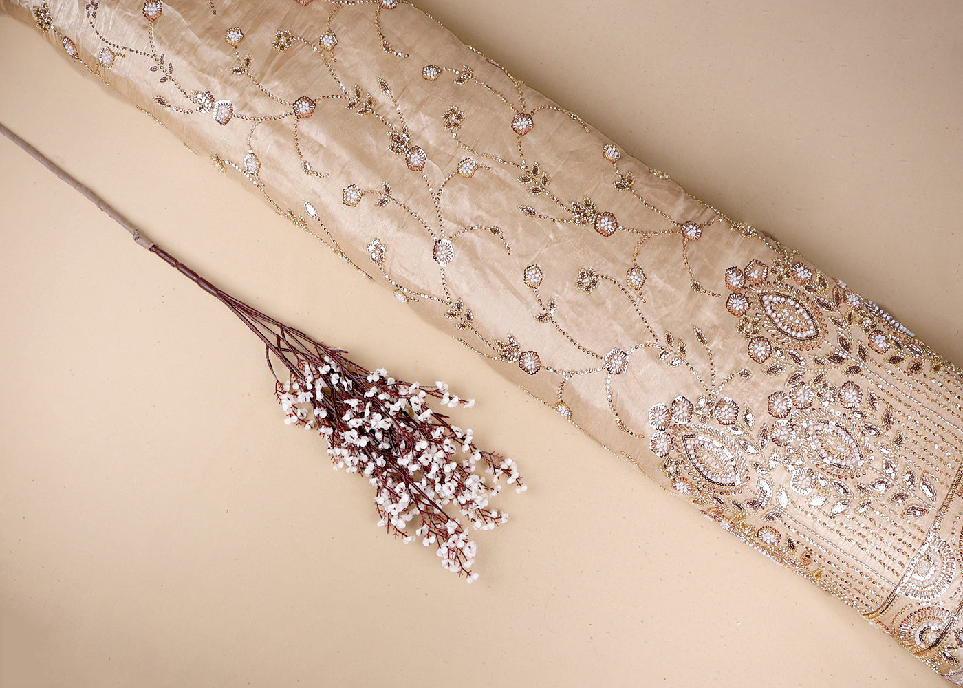 Gold Organza Fabric With All Over Sequins And Bead Work With One Side Scalloped Border 19343