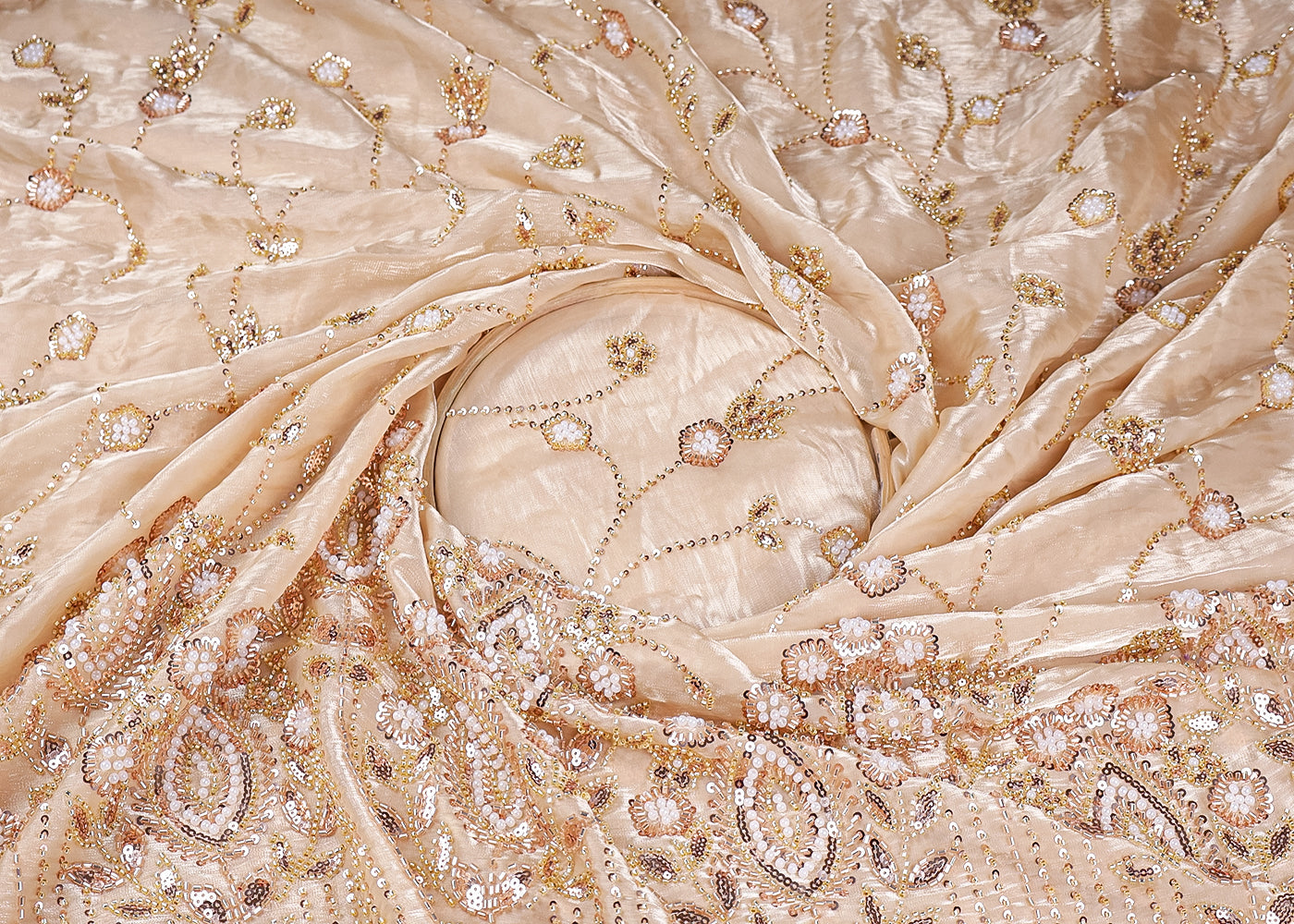 Gold Organza Fabric With All Over Sequins And Bead Work With One Side Scalloped Border 19343