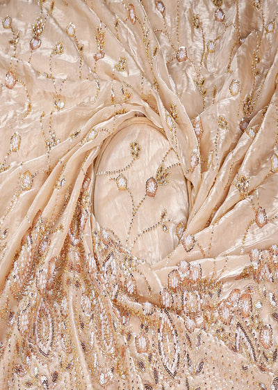 Golden Organza Satin Fabric With All Over Sequins And Bead Work With One Side Scalloped Border 19343
