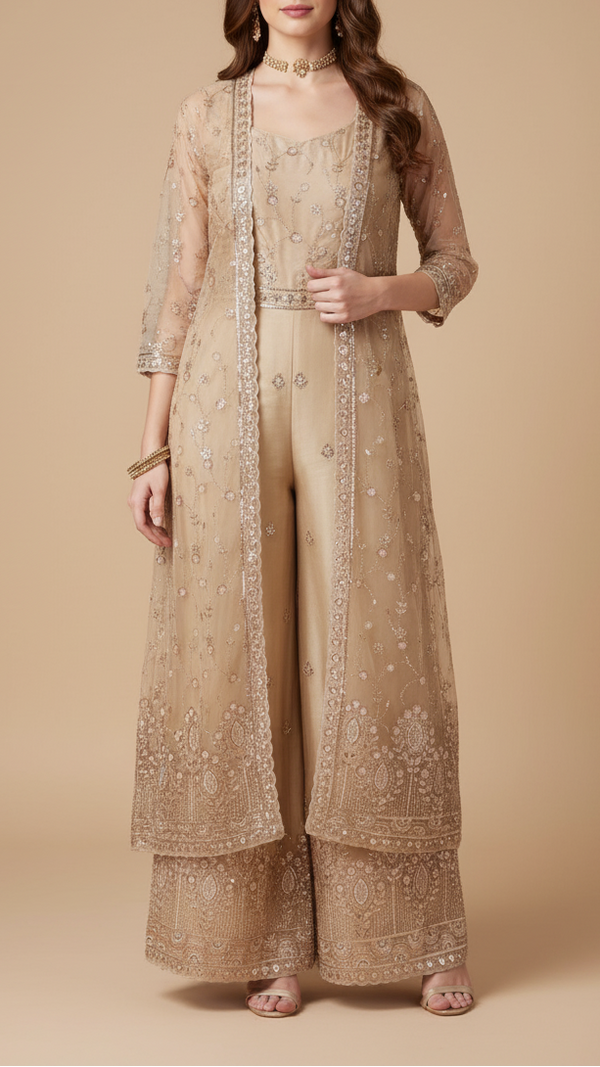 Golden Organza Satin Fabric With All Over Sequins And Bead Work With One Side Scalloped Border 19343