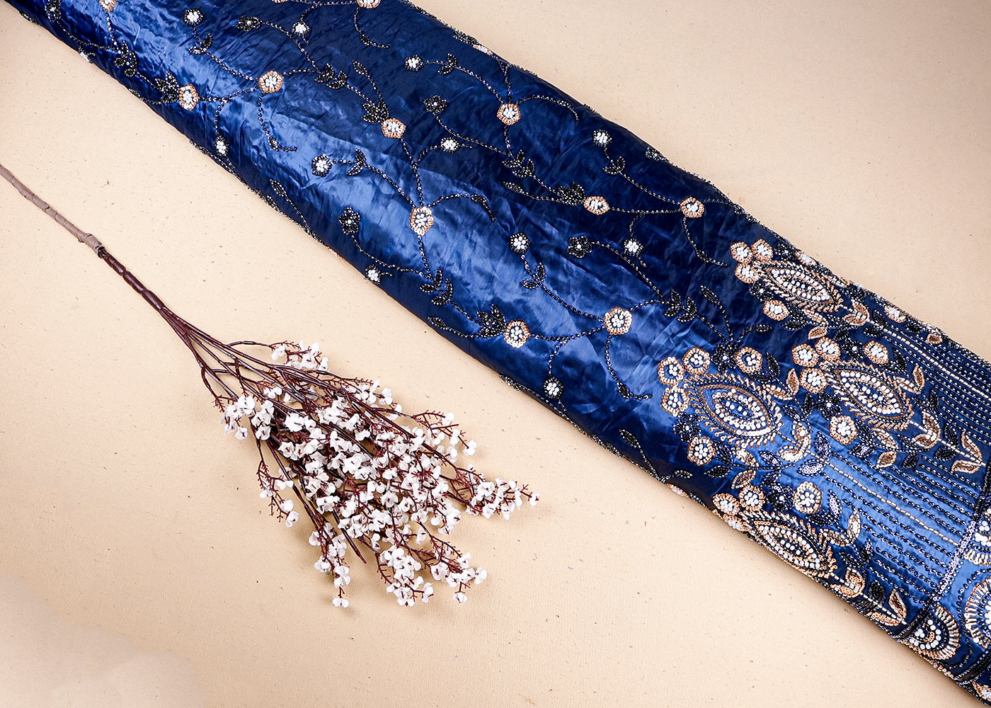 Peacock Blue  Organza Fabric With All Over Sequins And Bead Work With One Side Scalloped Border 19344
