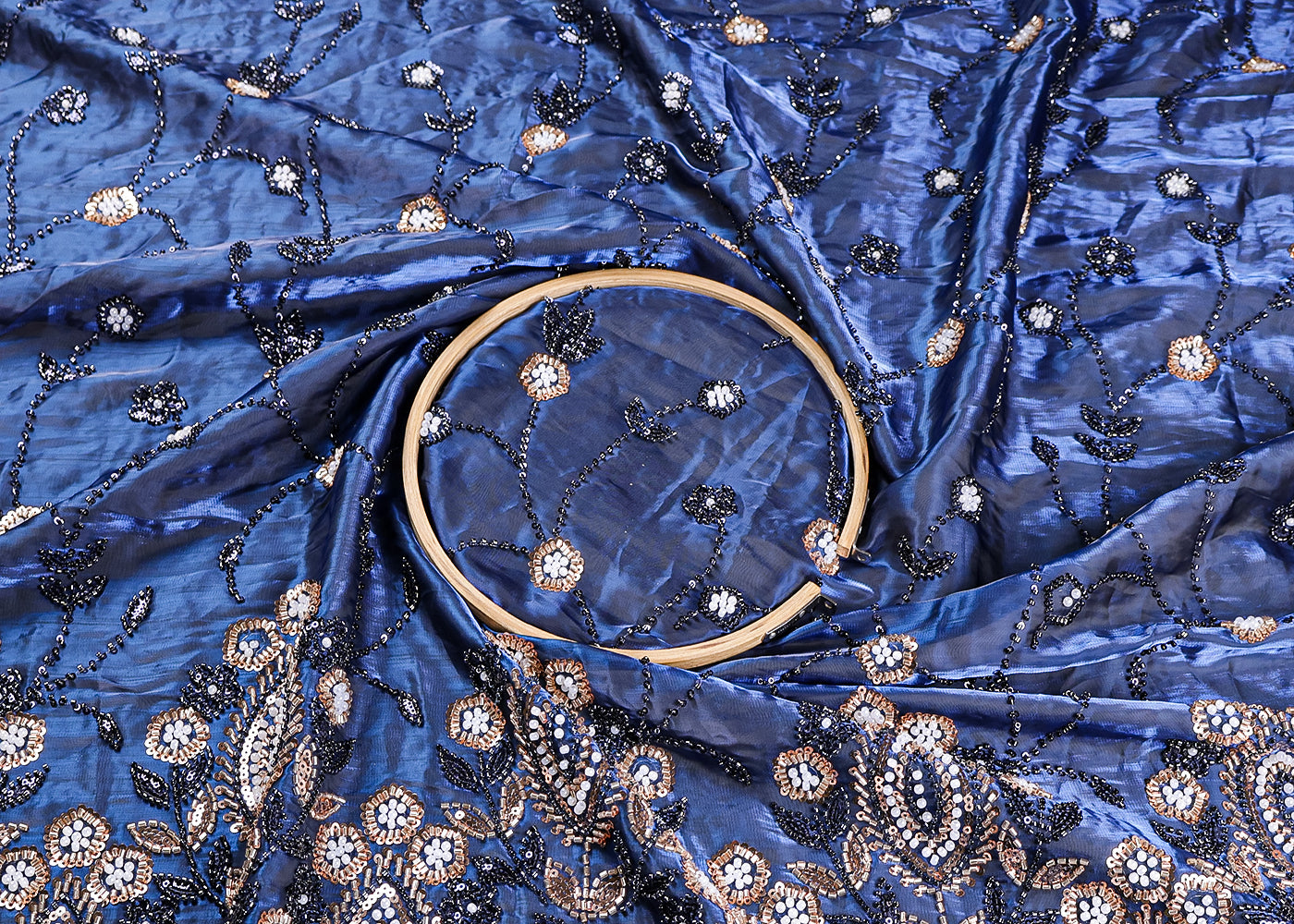 Peacock Blue  Organza Fabric With All Over Sequins And Bead Work With One Side Scalloped Border 19344