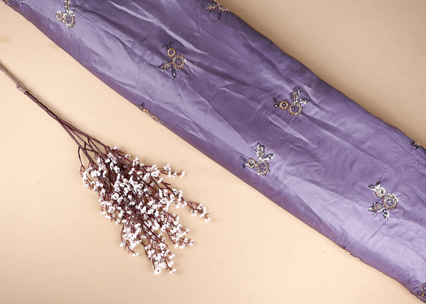 Lavender Organza Fabric With All Over Sequins And Bead Work With Two Side Scalloped Border 19345