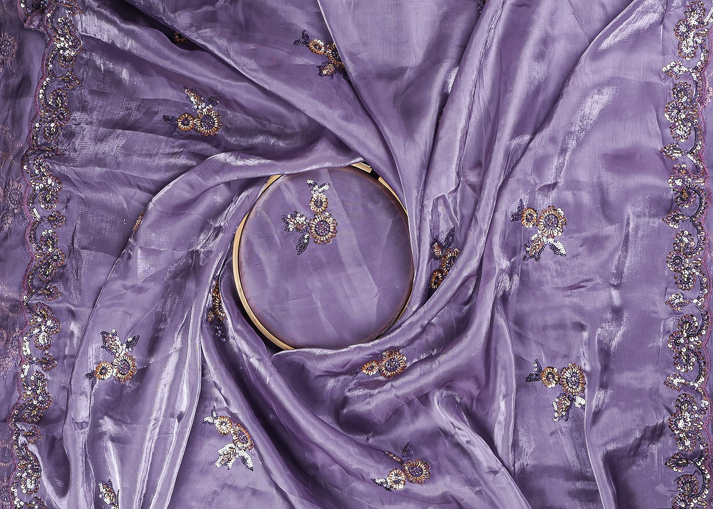 Lavender Organza Fabric With All Over Sequins And Bead Work With Two Side Scalloped Border 19345