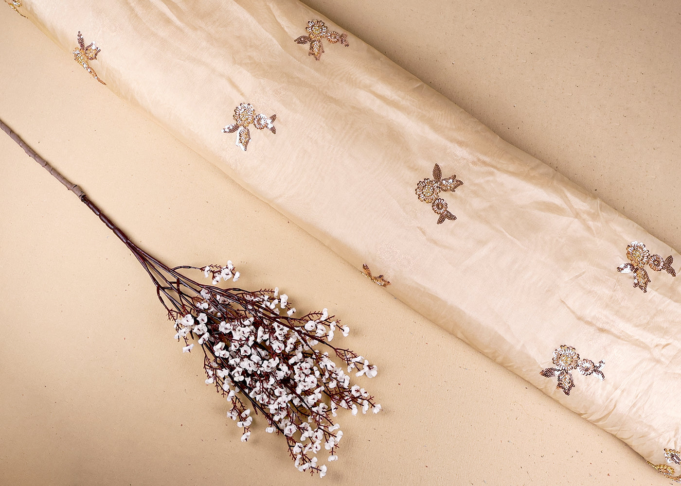 Gold Organza Fabric With All Over Sequins And Bead Work With Two Side Scalloped Border 19346
