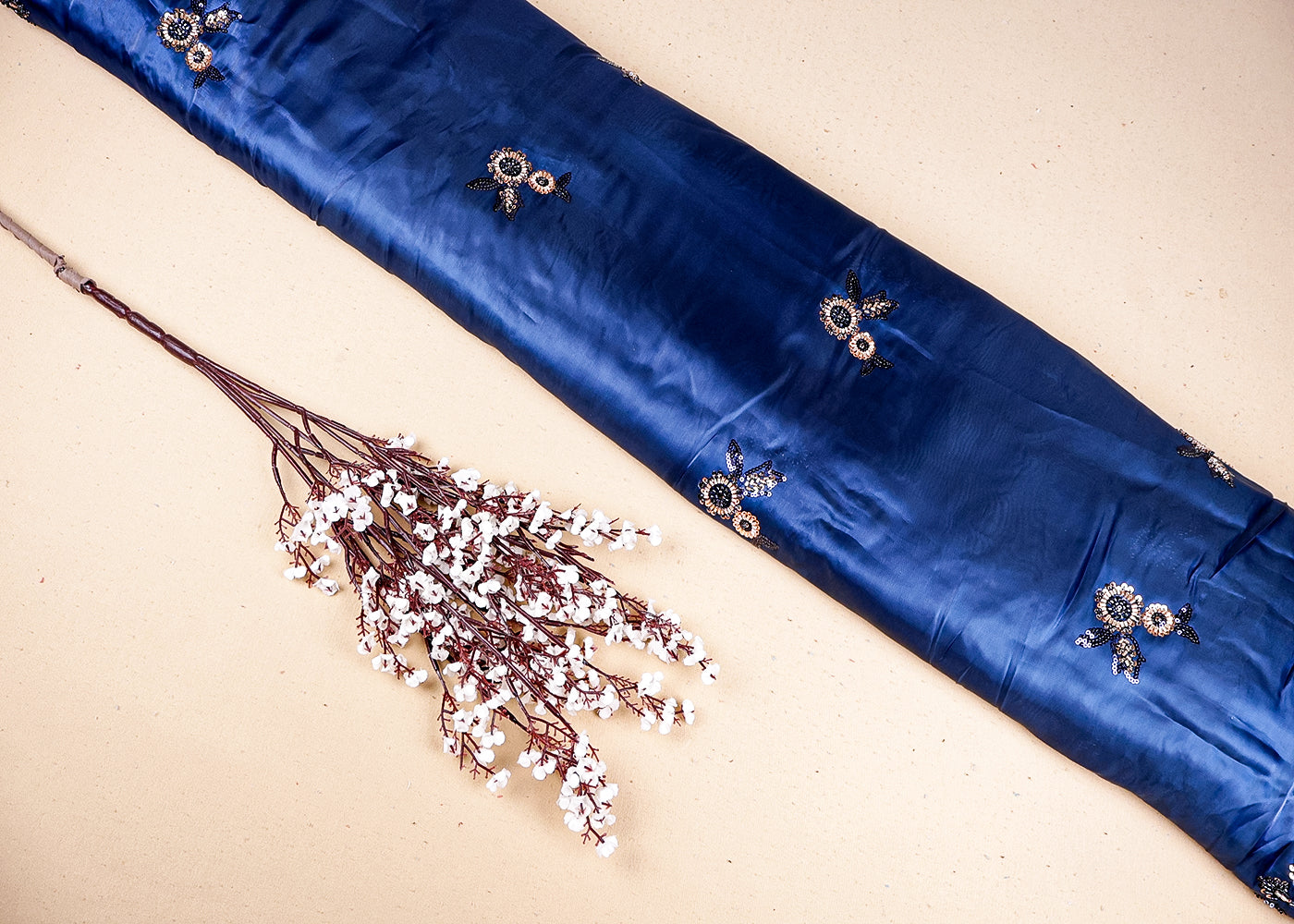 Peacock Blue  Organza Fabric With All Over Sequins And Bead Work With Two Side Scalloped Border 19347