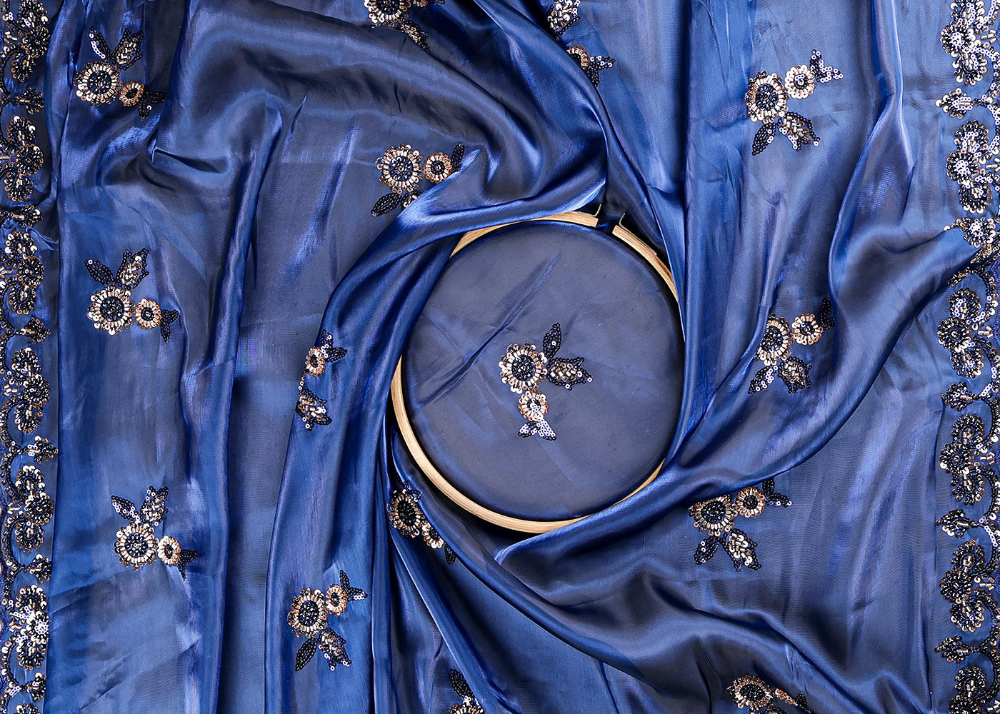 Peacock Blue  Organza Fabric With All Over Sequins And Bead Work With Two Side Scalloped Border 19347