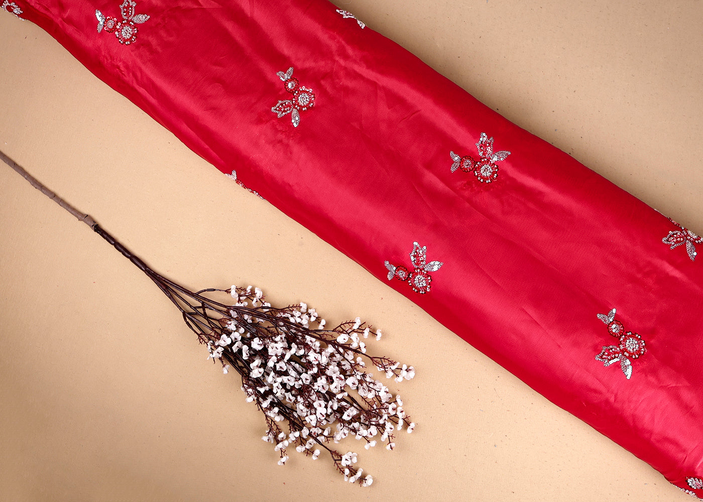 Red Organza Fabric With All Over Sequins And Bead Work With Two Side Scalloped Border 19348