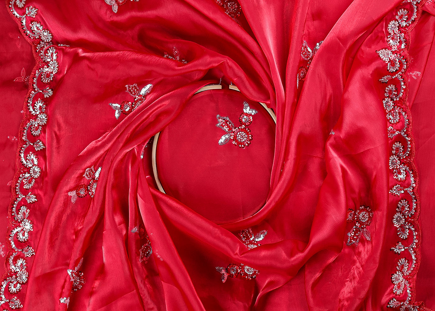 Red Organza Fabric With All Over Sequins And Bead Work With Two Side Scalloped Border 19348