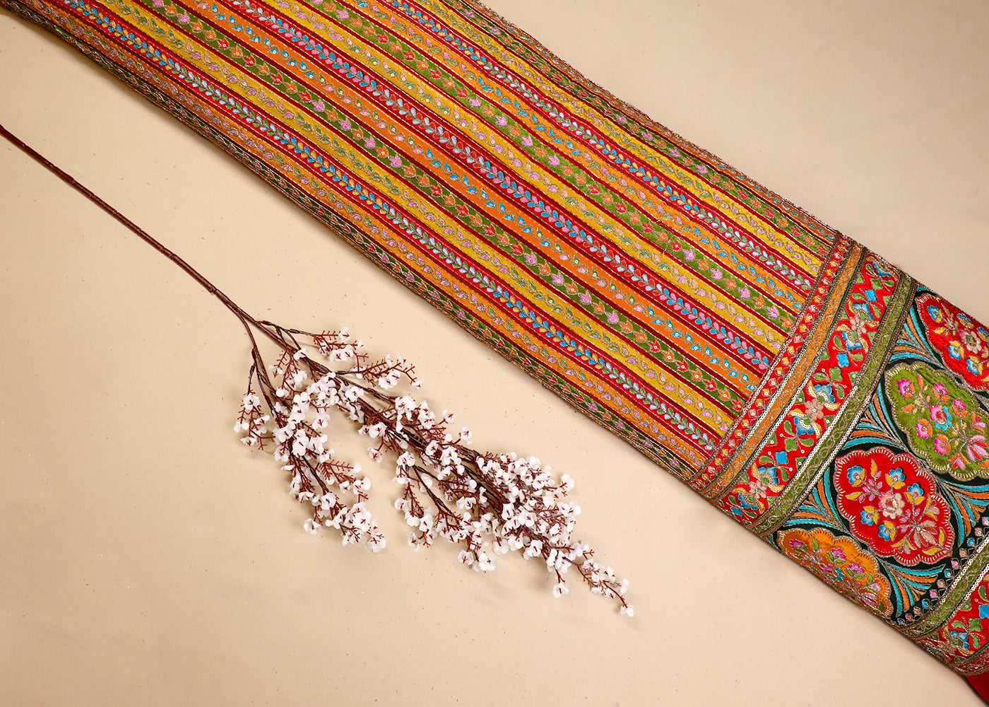Red Crepe Fabric With All Over Traditional Print With Sequins And Zari Work With One Side Border 19349