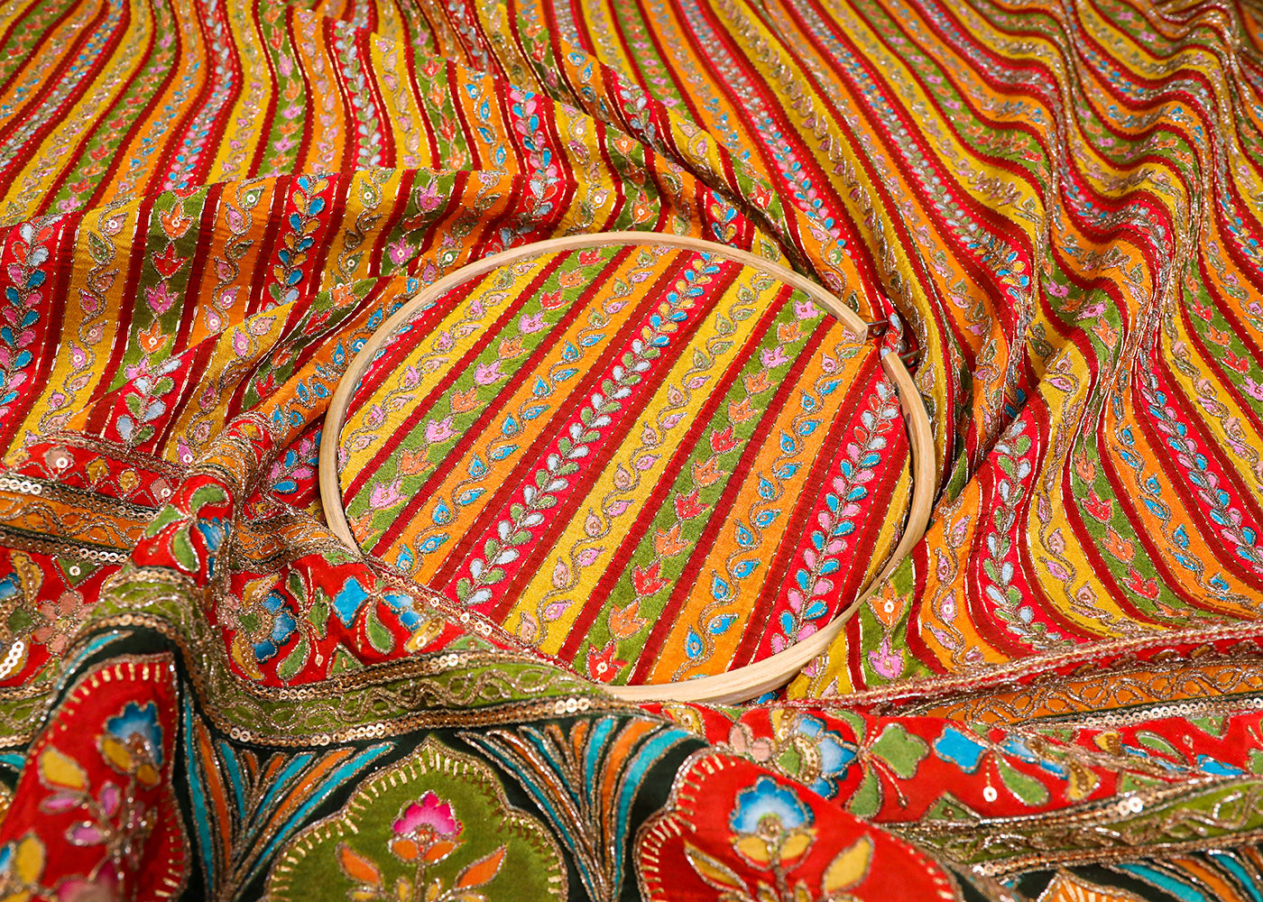 Red Crepe Fabric With All Over Traditional Print With Sequins And Zari Work With One Side Border 19349