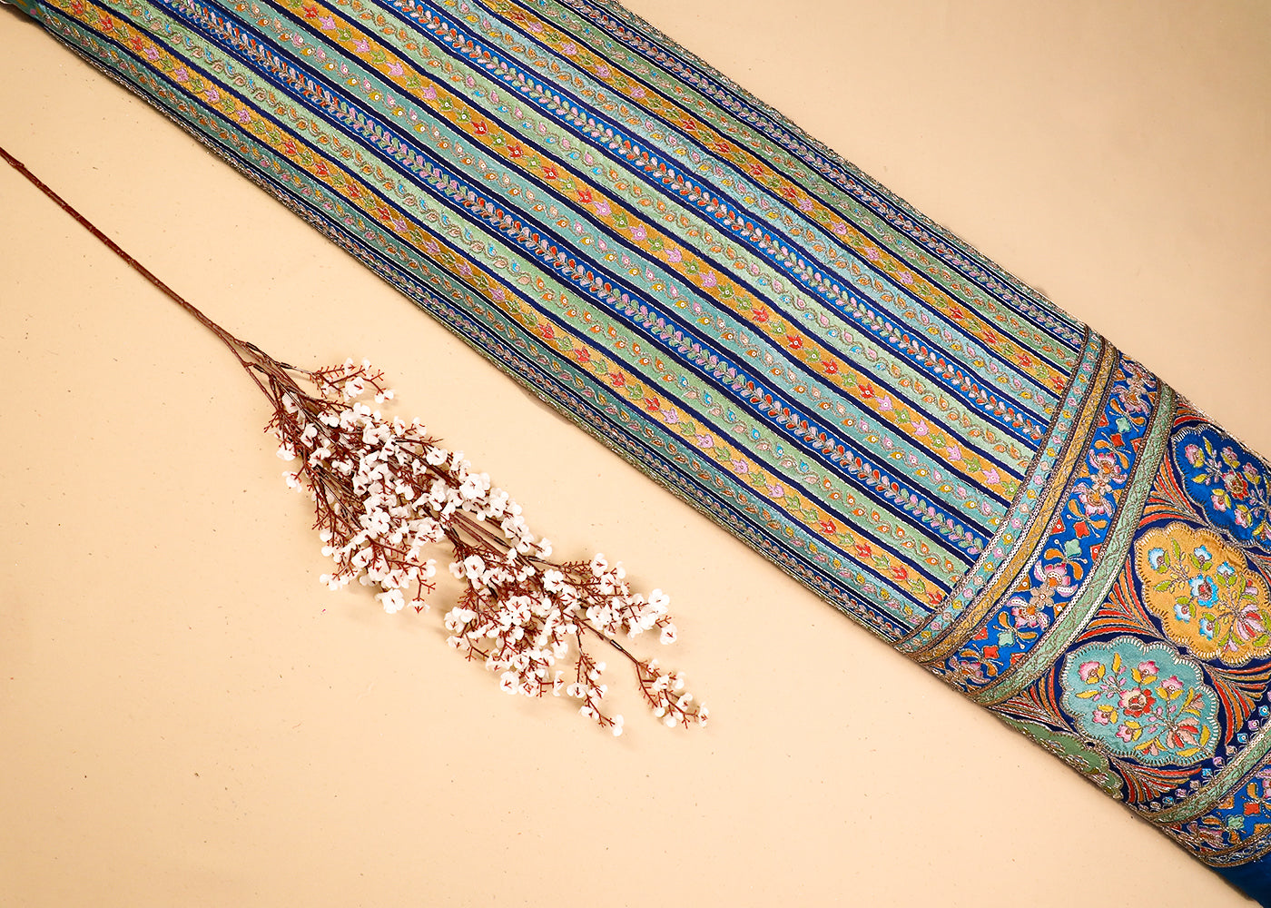 Royal Blue Crepe Fabric With All Over Traditional Print With Sequins And Zari Work With One Side Border 19350