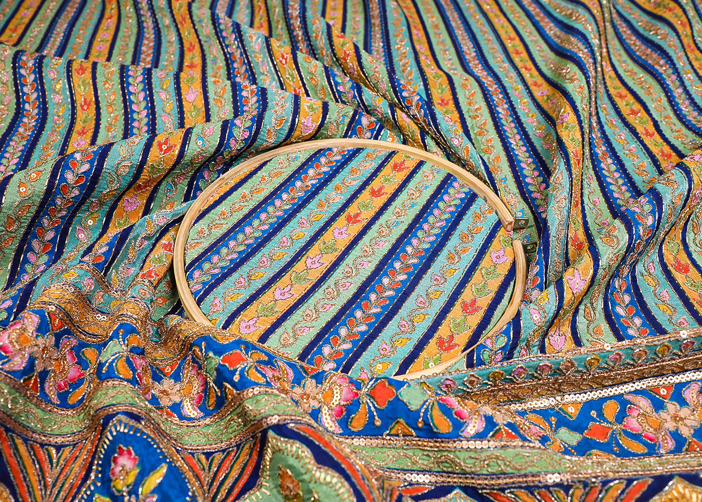 Royal Blue Crepe Fabric With All Over Traditional Print With Sequins And Zari Work With One Side Border 19350