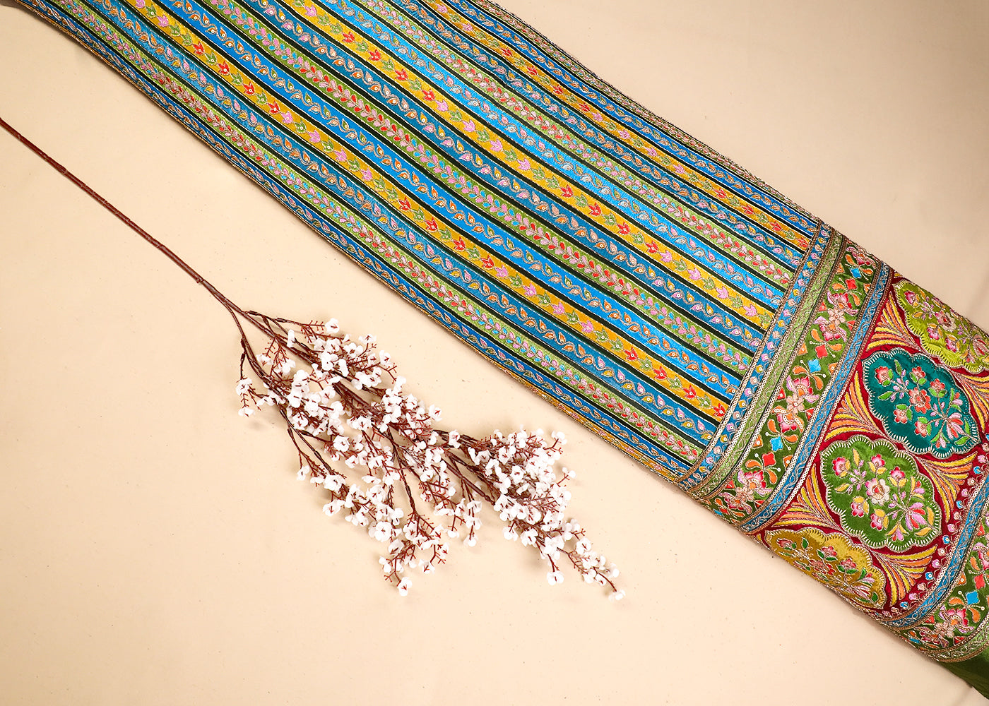 Mehendi Green Crepe Fabric With All Over Traditional Print With Sequins And Zari Work With One Side Border 19351