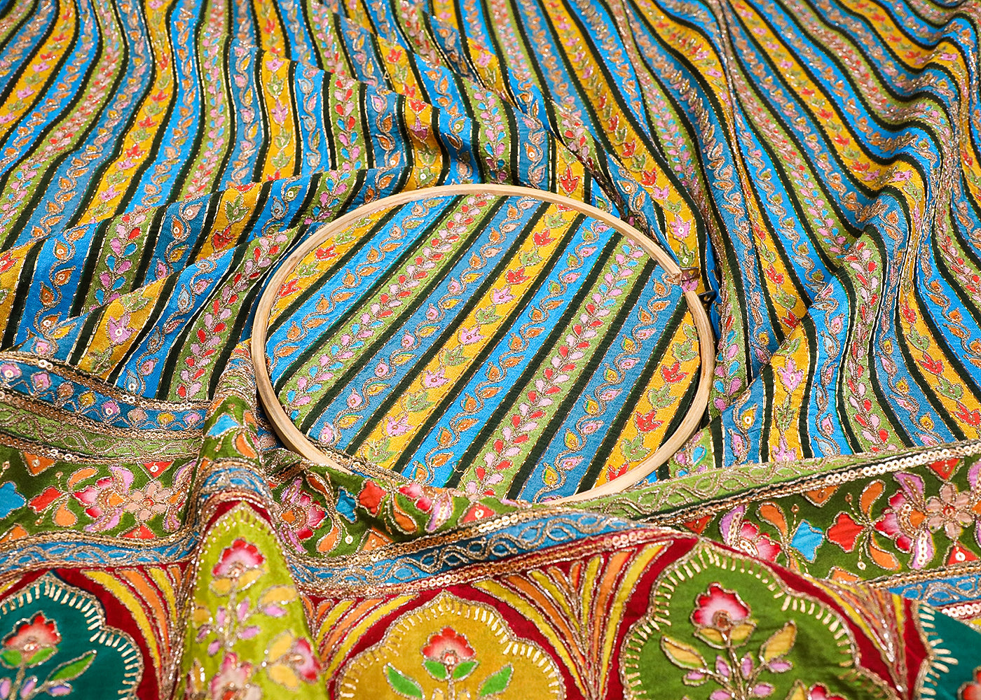 Mehendi Green Crepe Fabric With All Over Traditional Print With Sequins And Zari Work With One Side Border 19351