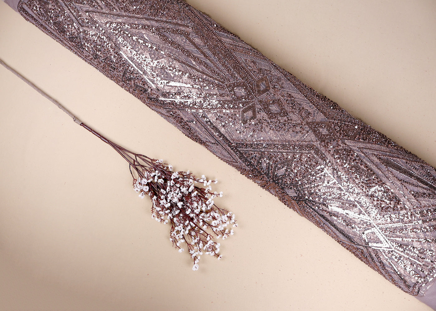 Brown Imported Net Fabric With All Over Bead And Sequins Work With Two Side Scalloped Border 19353