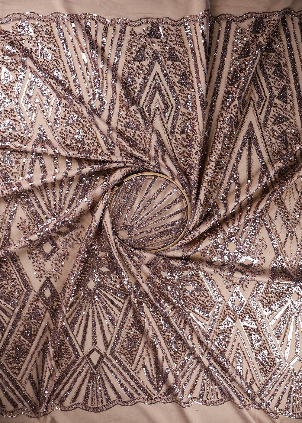 Brown Imported Net Fabric With All Over Bead And Sequins Work With Two Side Scalloped Border 19353