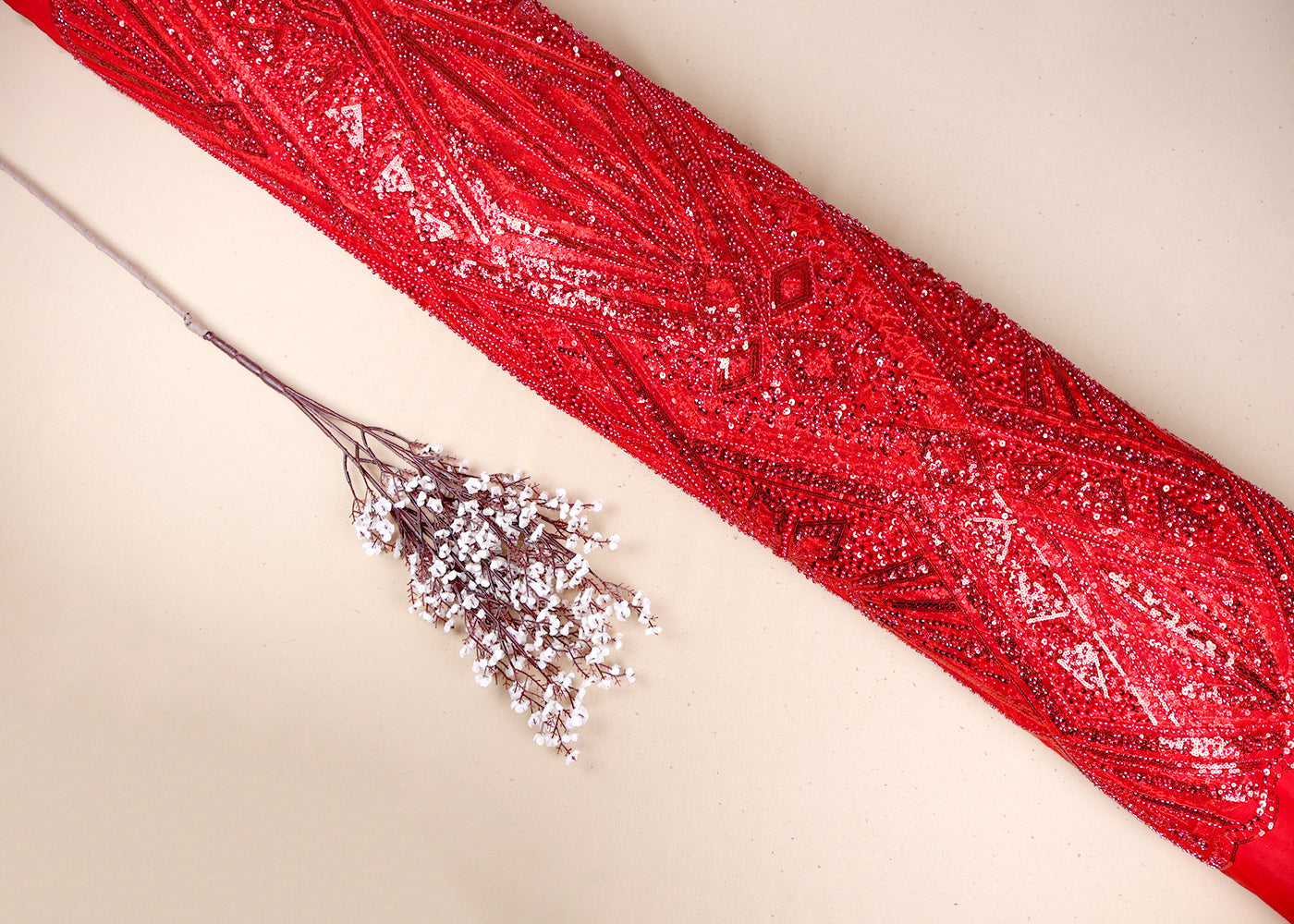 Red Imported Net Fabric With All Over Bead And Sequins Work With Two Side Scalloped Border 19354