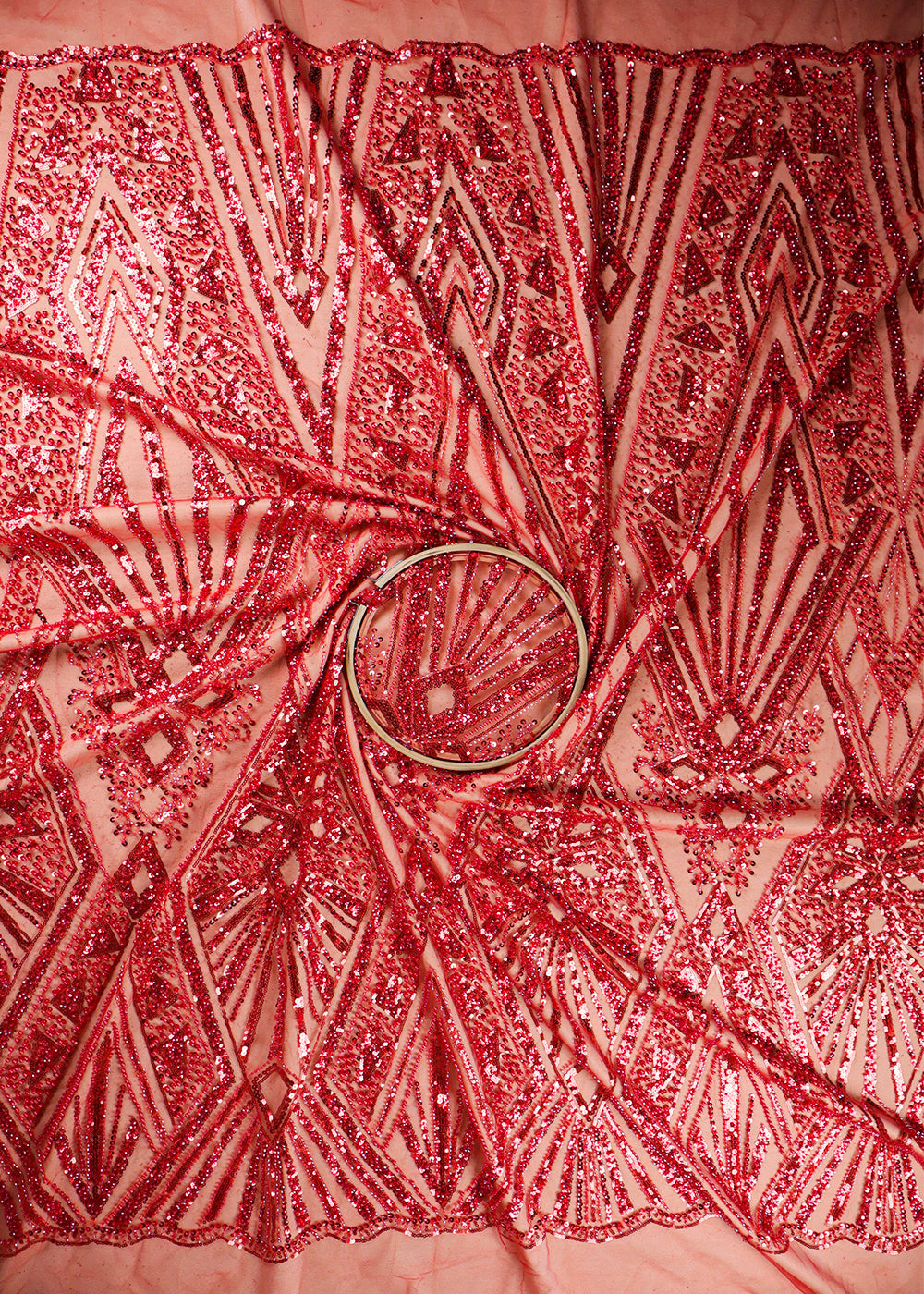Red Imported Net Fabric With All Over Bead And Sequins Work With Two Side Scalloped Border 19354