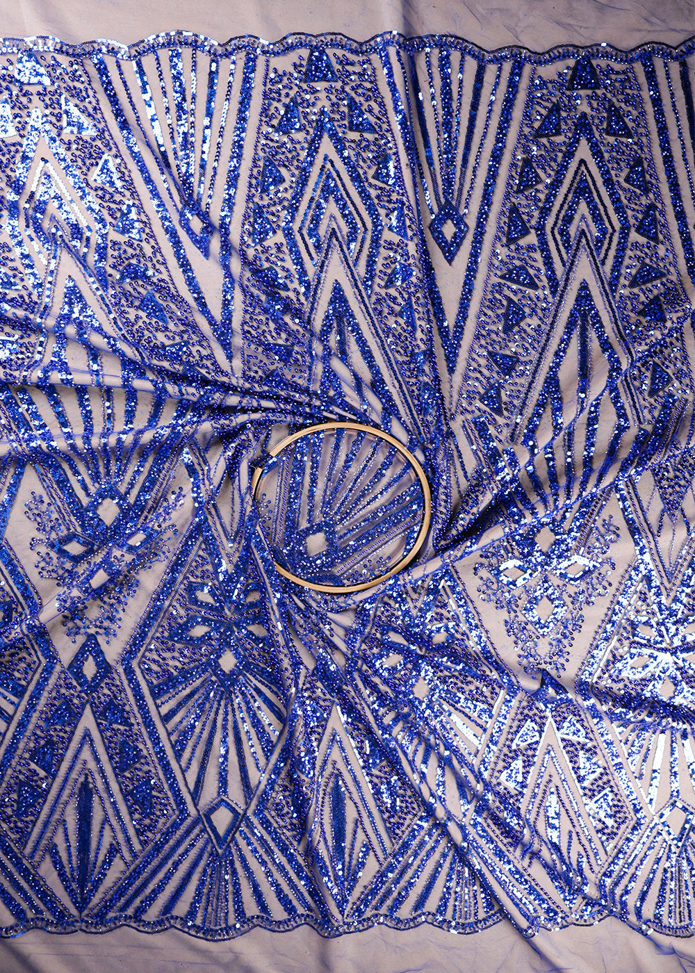 Royal Blue Imported Net Fabric With All Over Bead And Sequins Work With Two Side Scalloped Border 19355