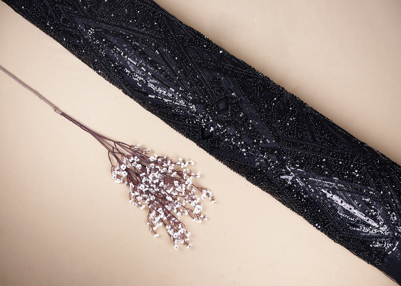 Black Imported Net Fabric With All Over Bead And Sequins Work With Two Side Scalloped Border 19356
