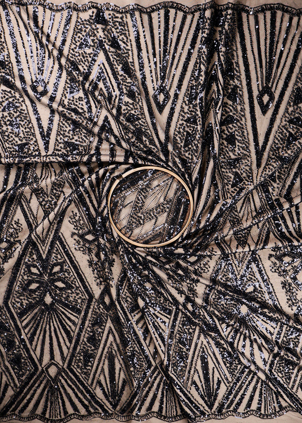 Black Imported Net Fabric With All Over Bead And Sequins Work With Two Side Scalloped Border 19356