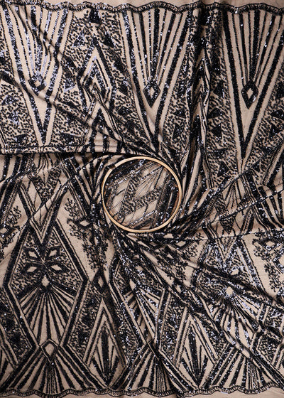 Black Imported Net Fabric With All Over Bead And Sequins Work With Two Side Scalloped Border 19356