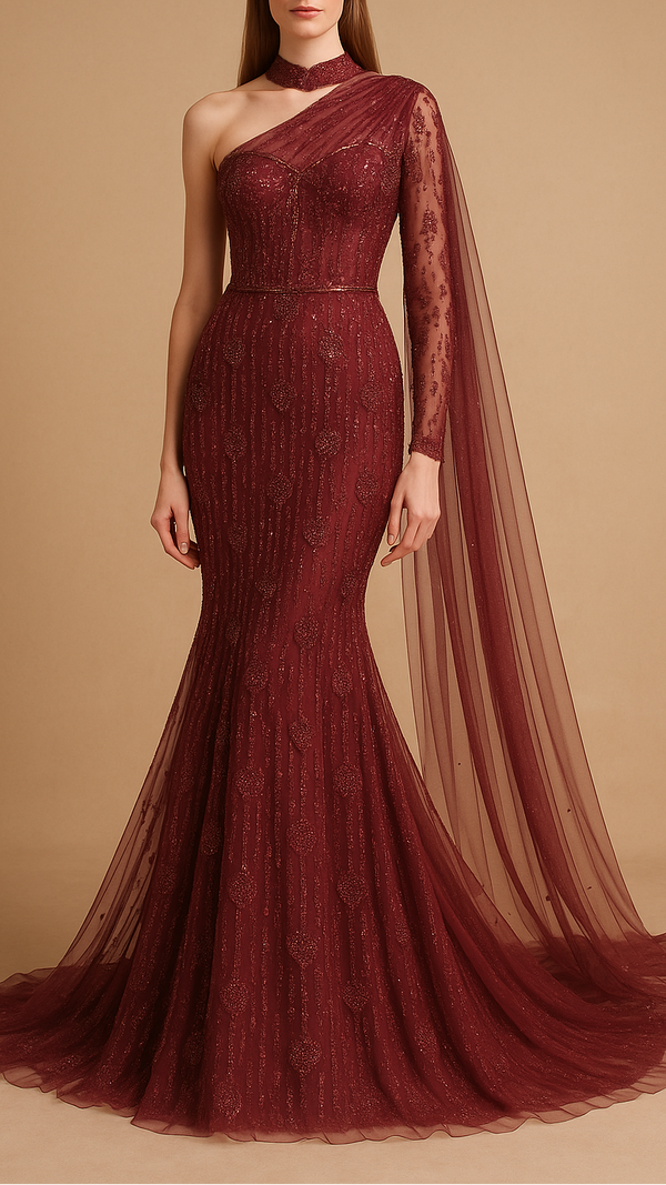 Maroon Imported Net Fabric With All Over Bead And Sequins Work 19358