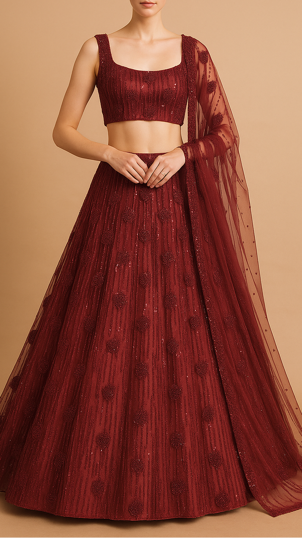 Maroon Imported Net Fabric With All Over Bead And Sequins Work 19358