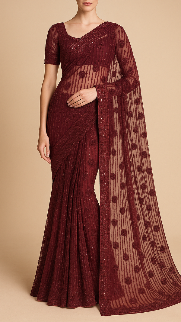 Maroon Imported Net Fabric With All Over Bead And Sequins Work 19358