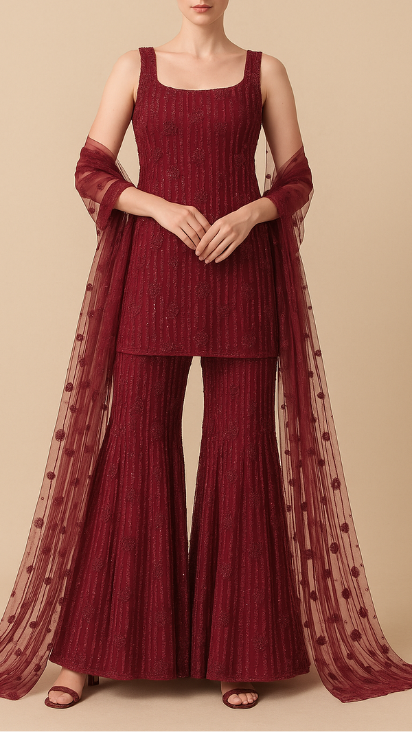 Maroon Imported Net Fabric With All Over Bead And Sequins Work 19358
