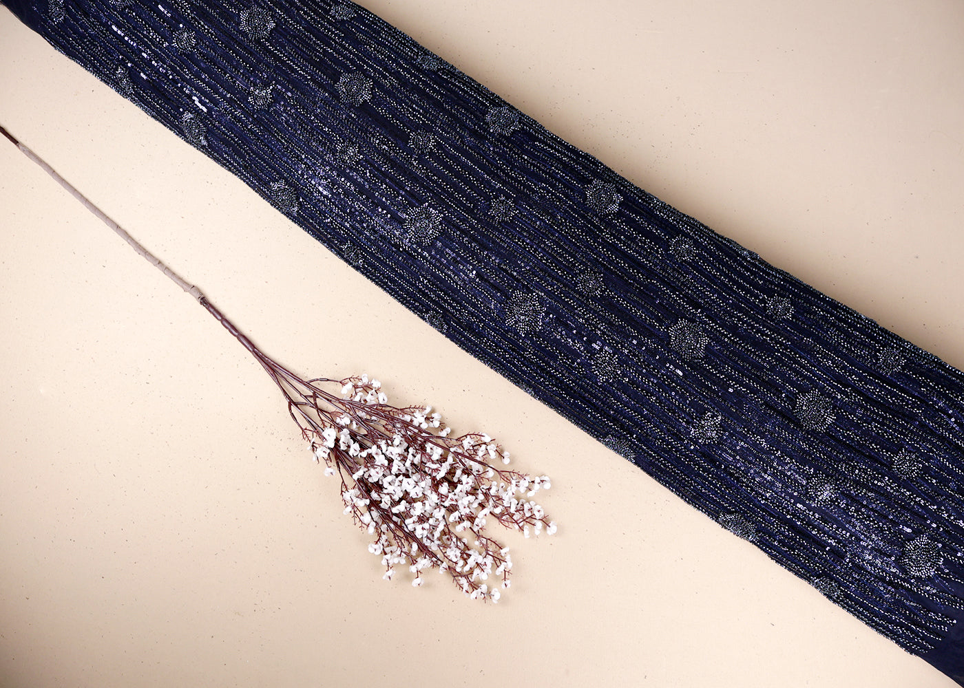 Navy Blue Imported Net Fabric With All Over Bead And Sequins Work 19360