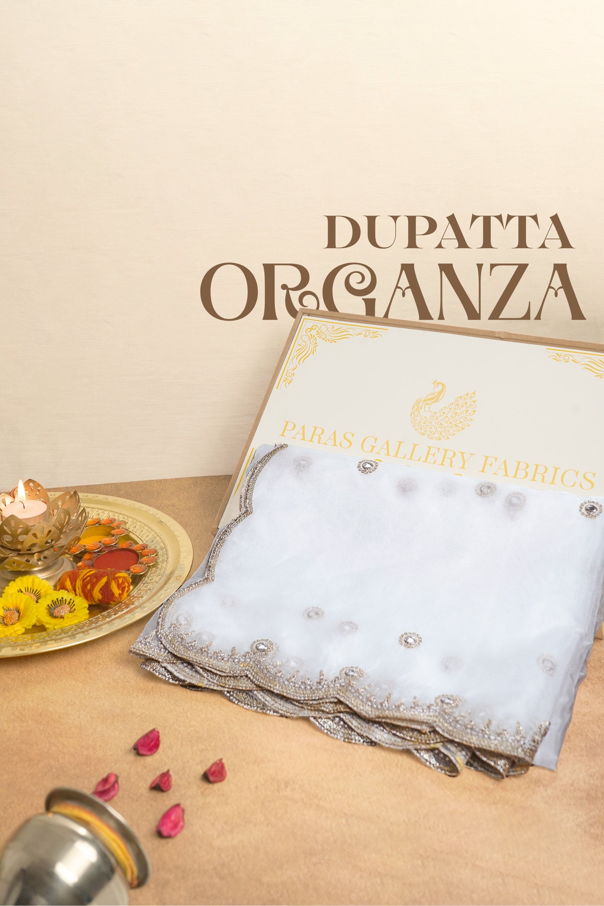 White Dyeable Organza Dupatta All Over Zari, Sequins And Faux Mirror Work 19370