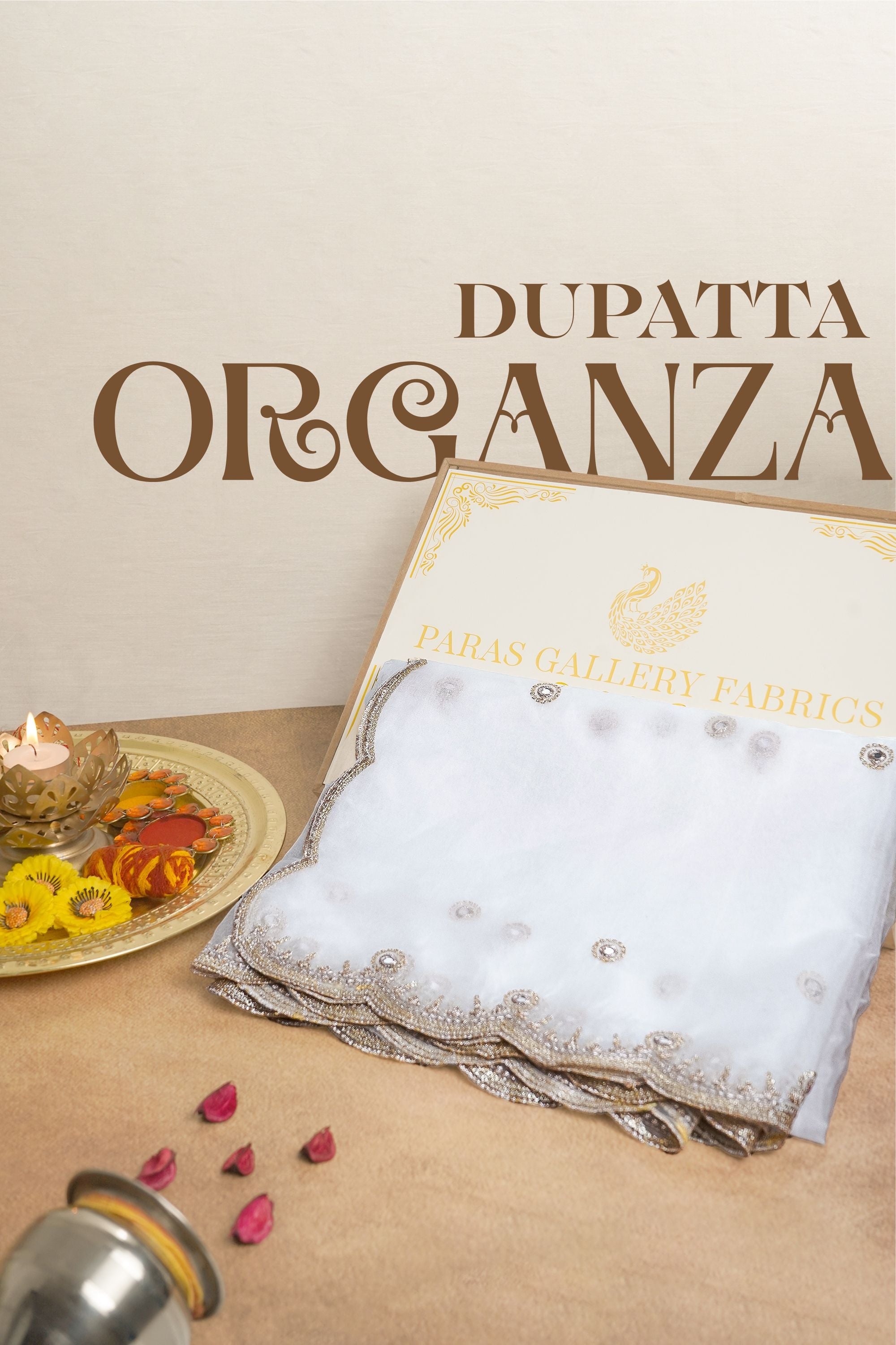 White Dyeable Organza Dupatta All Over Zari, Sequins And Faux Mirror Work 19370