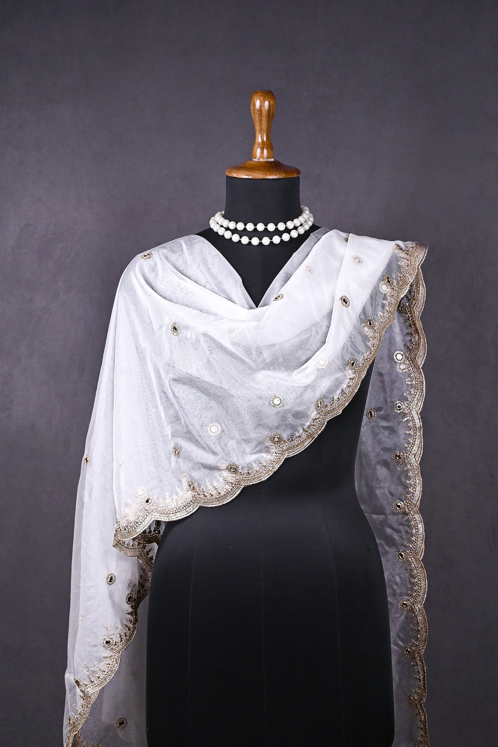 White Dyeable Organza Dupatta All Over Zari, Sequins And Faux Mirror Work 19370