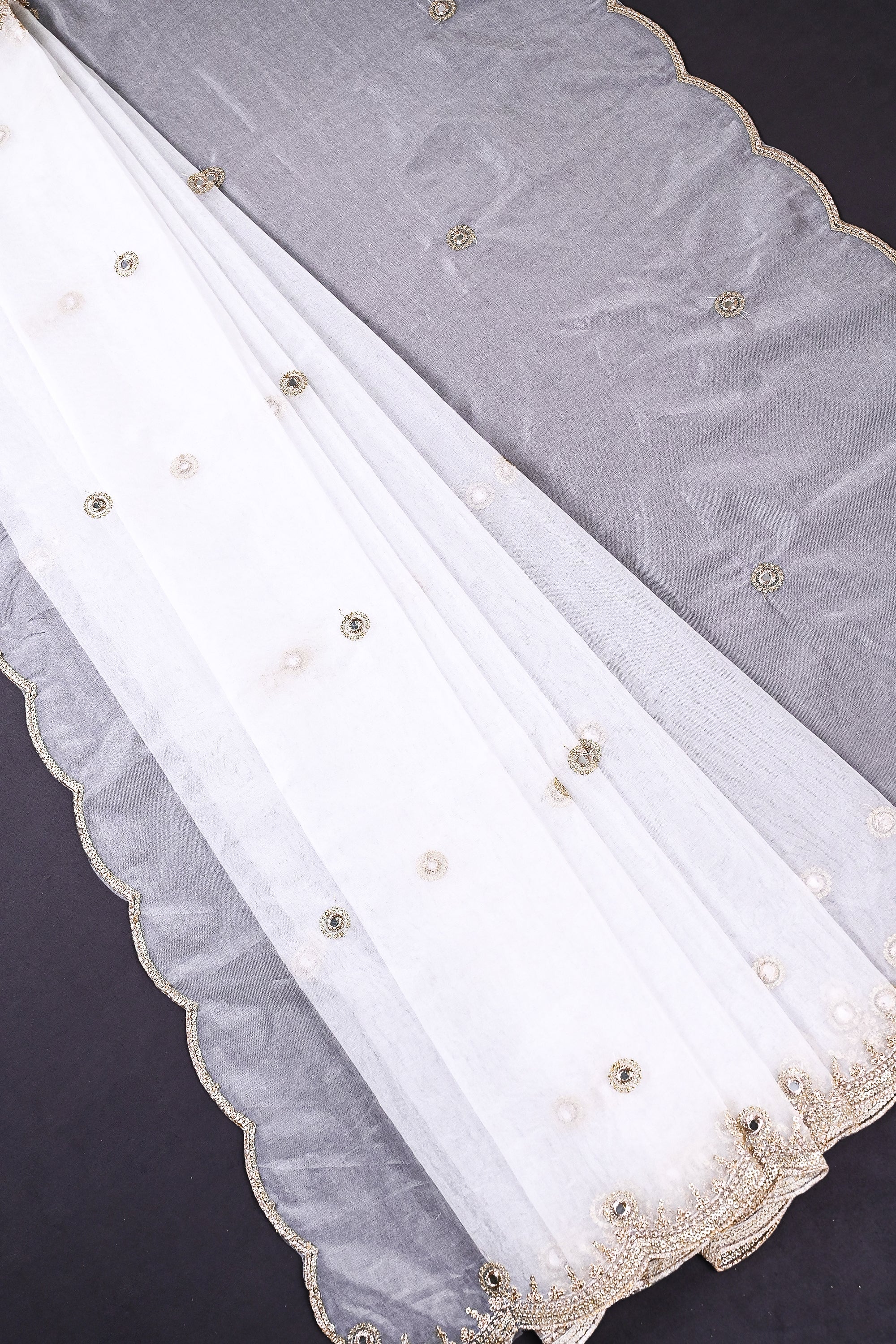 White Dyeable Organza Dupatta All Over Zari, Sequins And Faux Mirror Work 19370