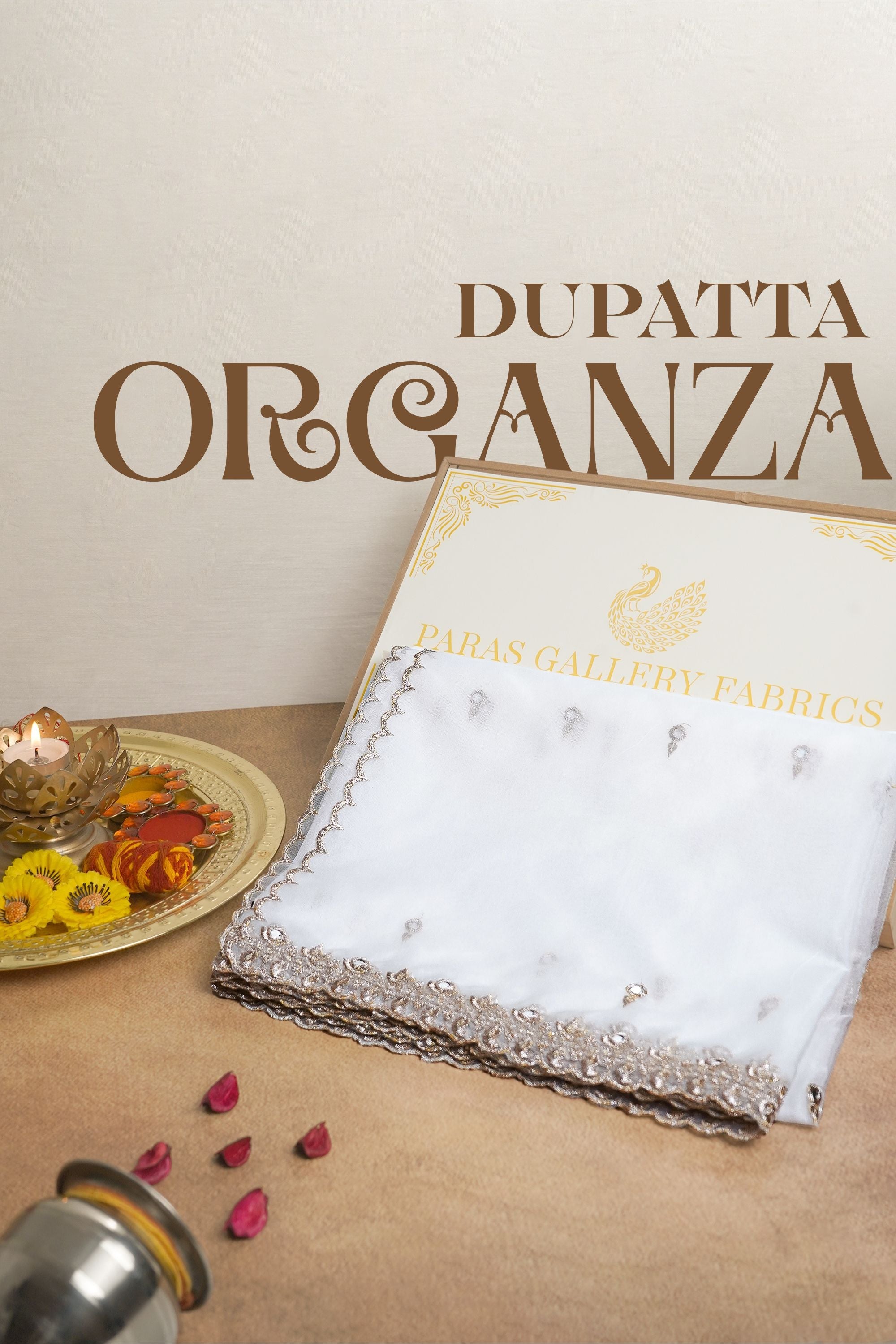 White Dyeable Organza Dupatta All Over Zari, Sequins And Faux Mirror Work 19371