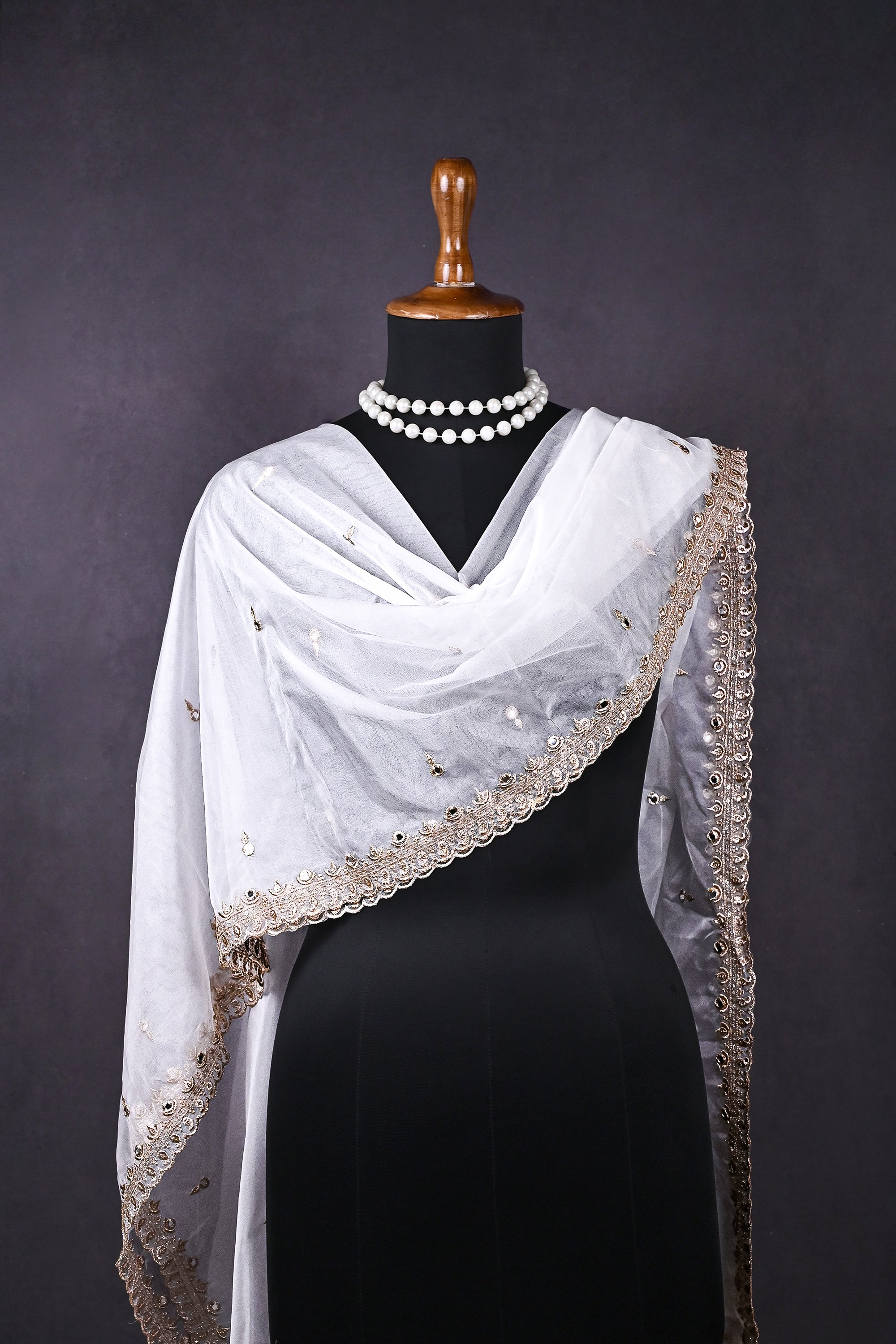 White Dyeable Organza Dupatta All Over Zari, Sequins And Faux Mirror Work 19371