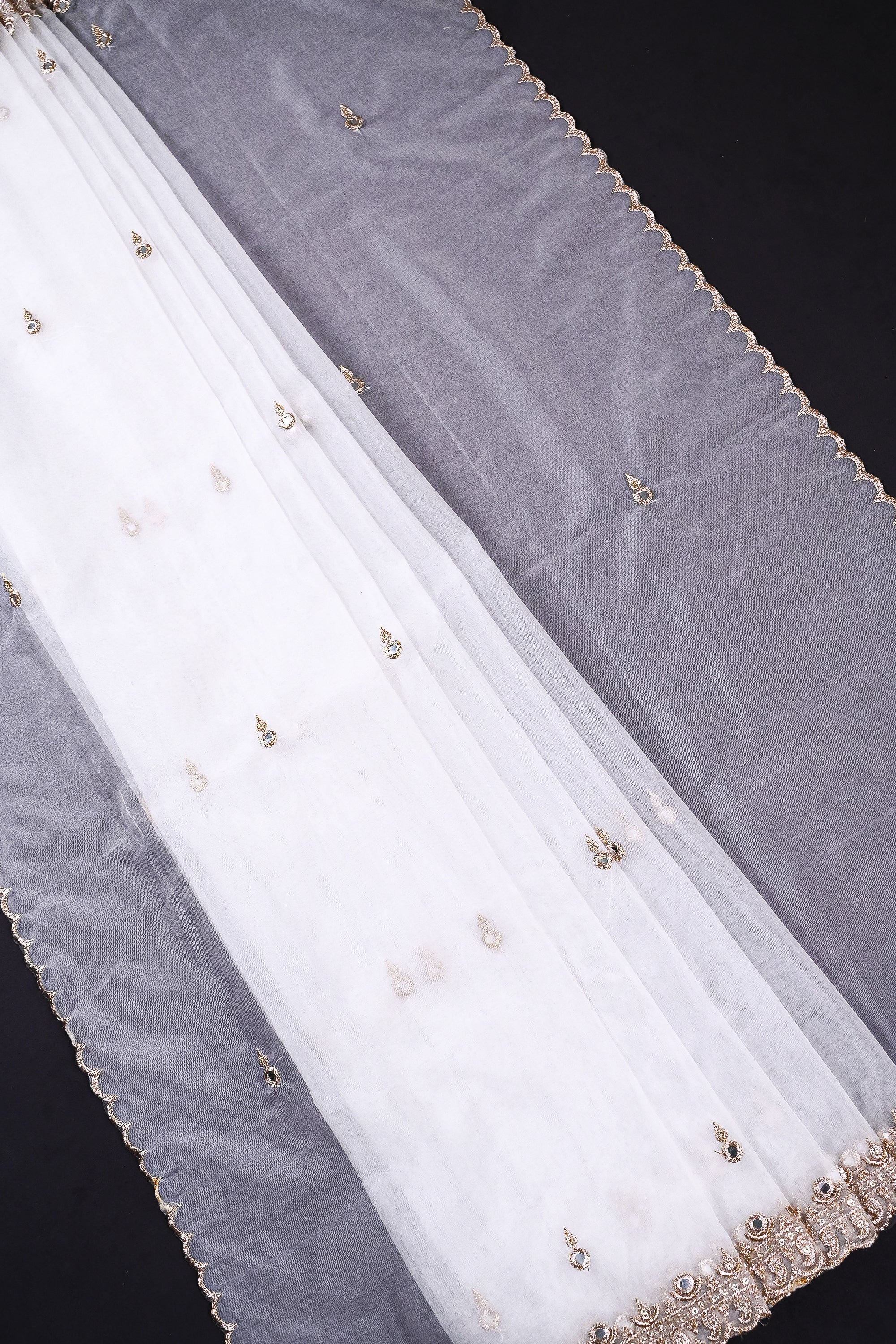 White Dyeable Organza Dupatta All Over Zari, Sequins And Faux Mirror Work 19371