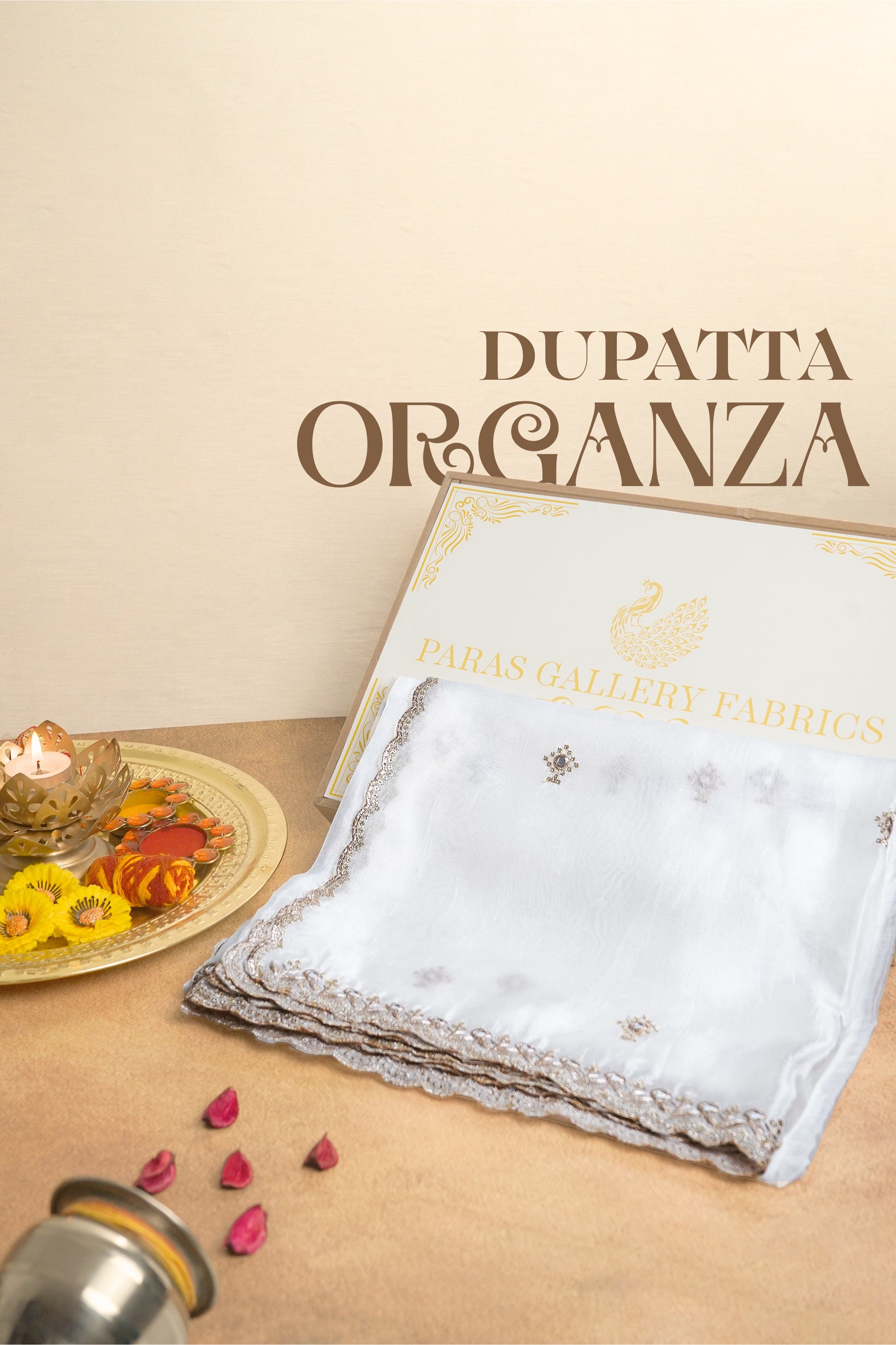 White Dyeable Organza Dupatta All Over Zari, Sequins And Faux Mirror Work