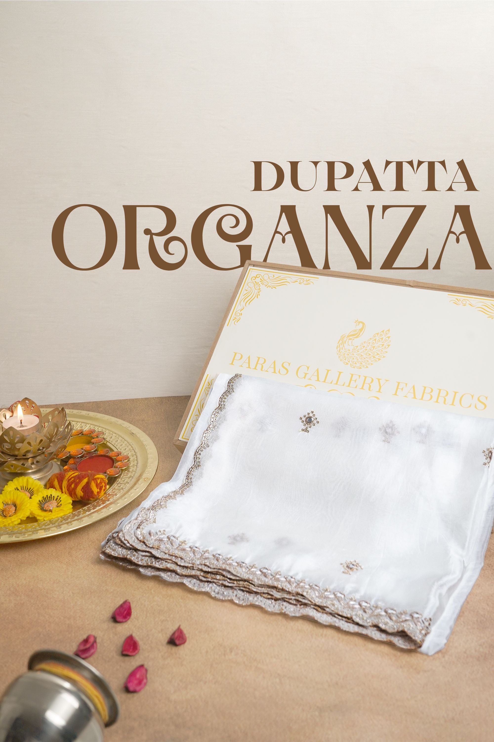 White Dyeable Organza Dupatta All Over Zari, Sequins And Faux Mirror Work 22513