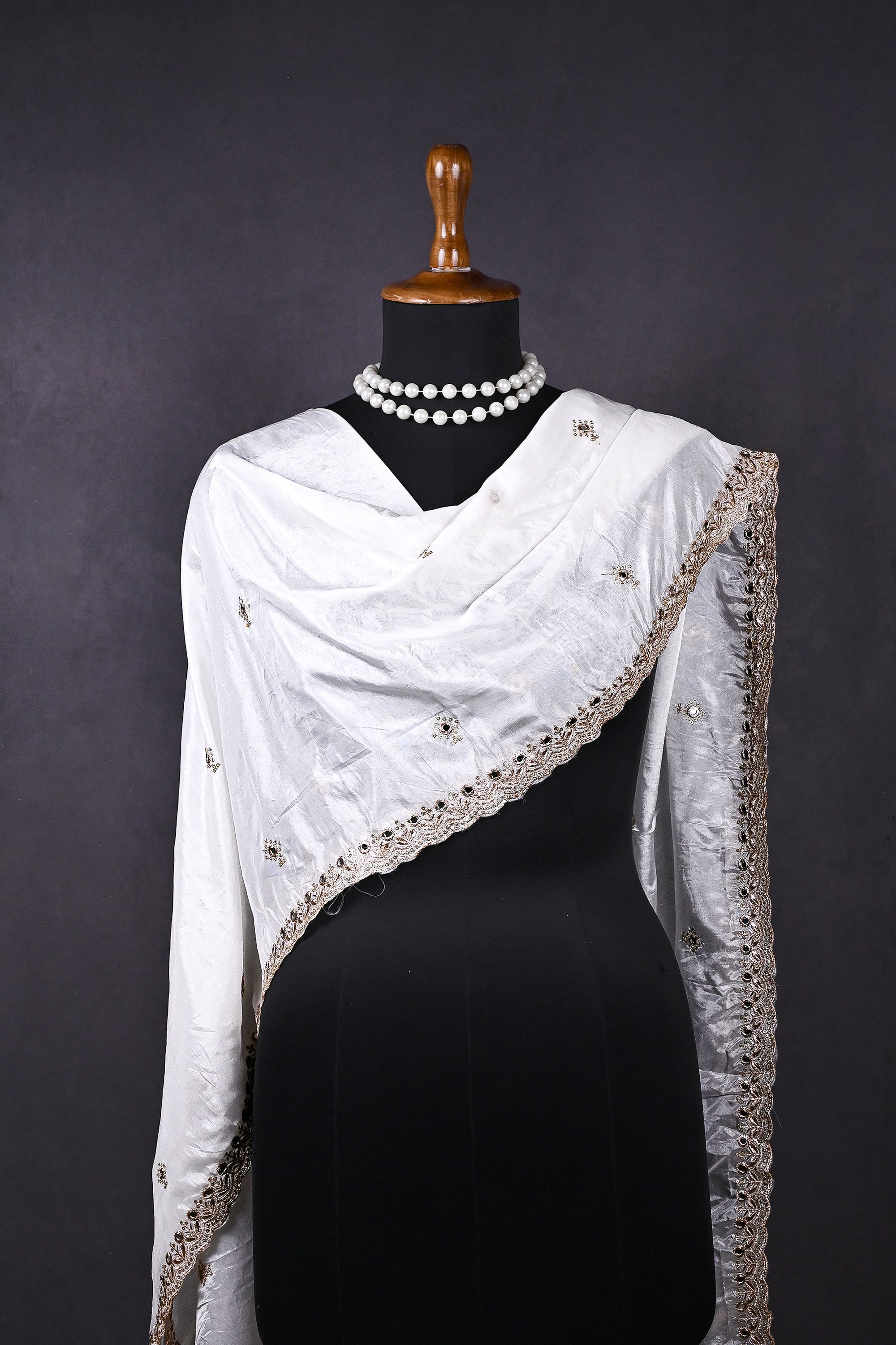 White Dyeable Organza Dupatta All Over Zari, Sequins And Faux Mirror Work