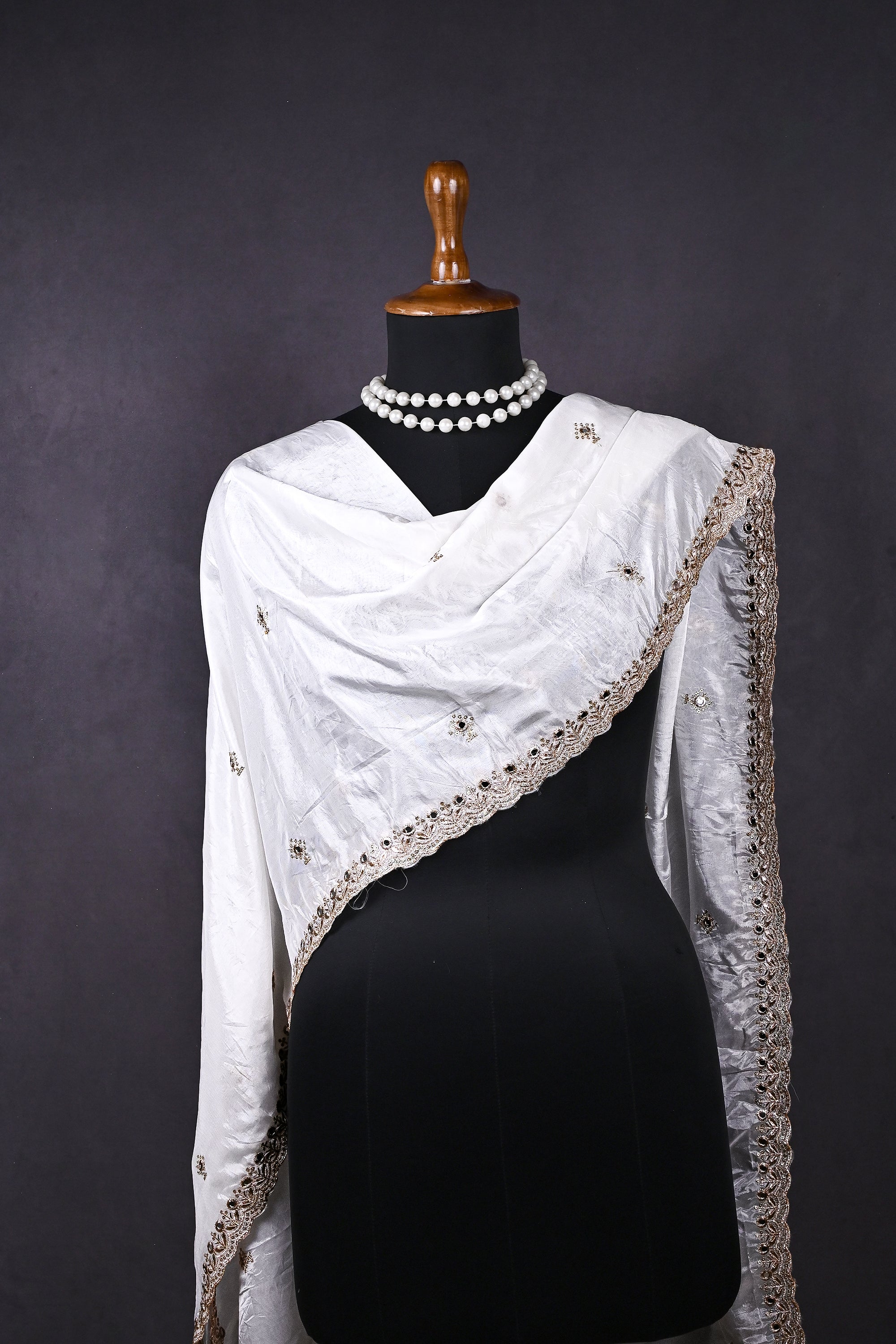 White Dyeable Organza Dupatta All Over Zari, Sequins And Faux Mirror Work 22513