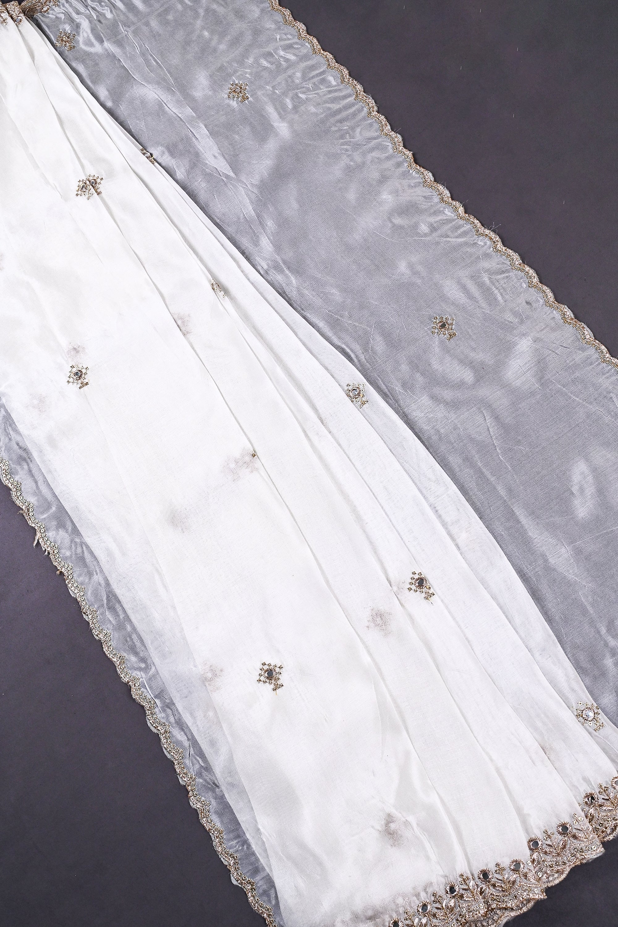 White Dyeable Organza Dupatta All Over Zari, Sequins And Faux Mirror Work 22513
