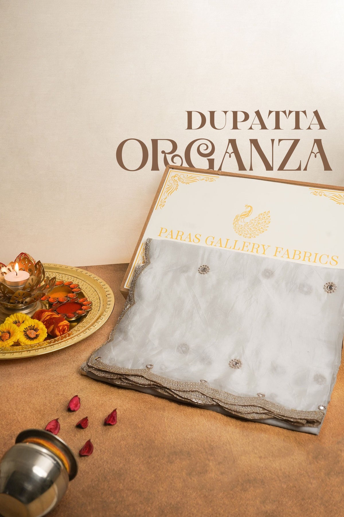 White Dyeable Organza Dupatta All Over Zari And Sequins Work 19373