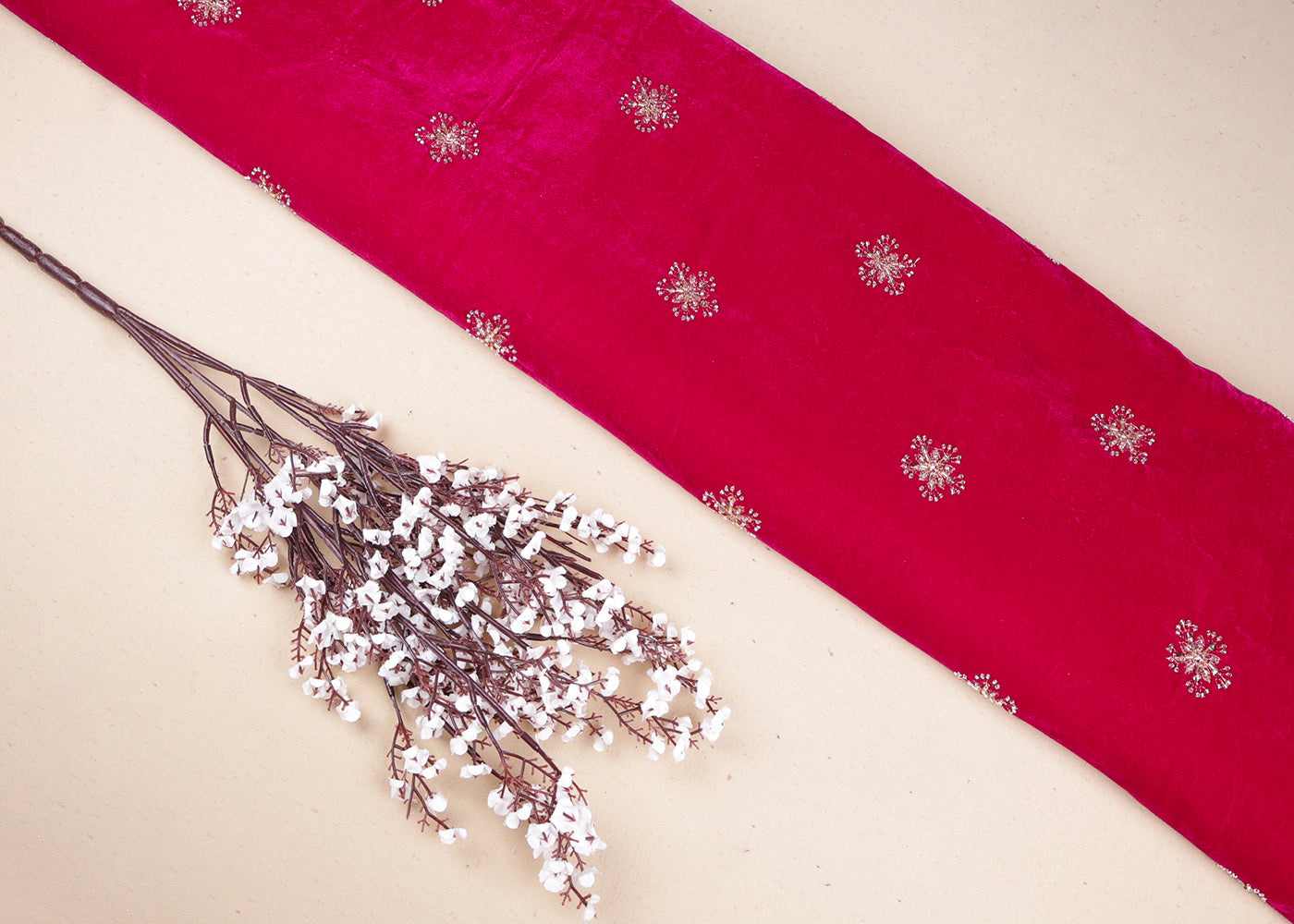 Rani Pink Velvet Fabric With All Over Zari, Bead, Katdana And Sequins Work 19377