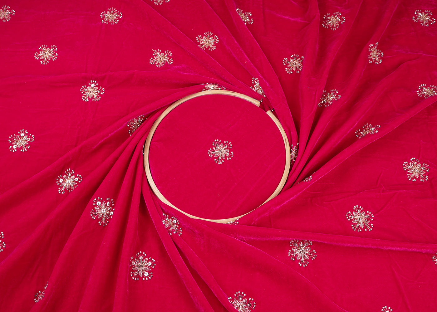 Rani Pink Velvet Fabric With All Over Zari, Bead, Katdana And Sequins Work 19377
